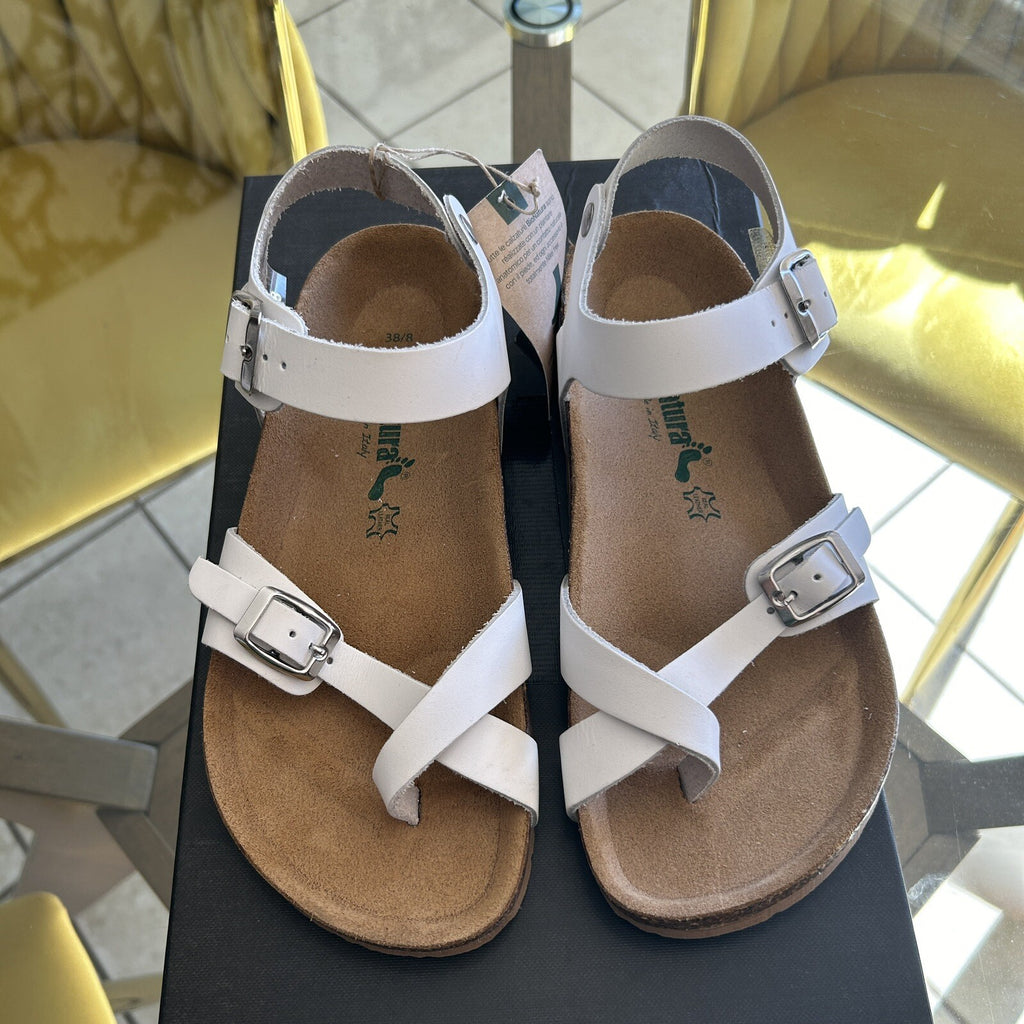 Bianatura Sandals EU 38 US 8 White Leather Womens Cork Bed Made In Italy