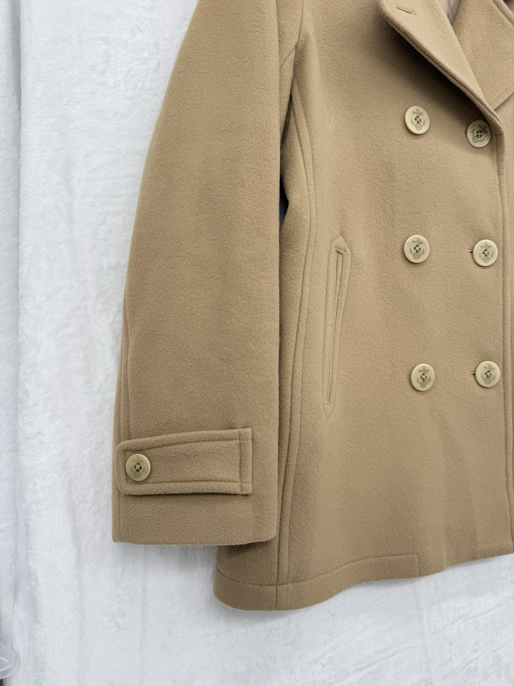 LL Bean Pea Coat Women 12 Classic Lambswool Camel Beige Jacket Wool Insulated