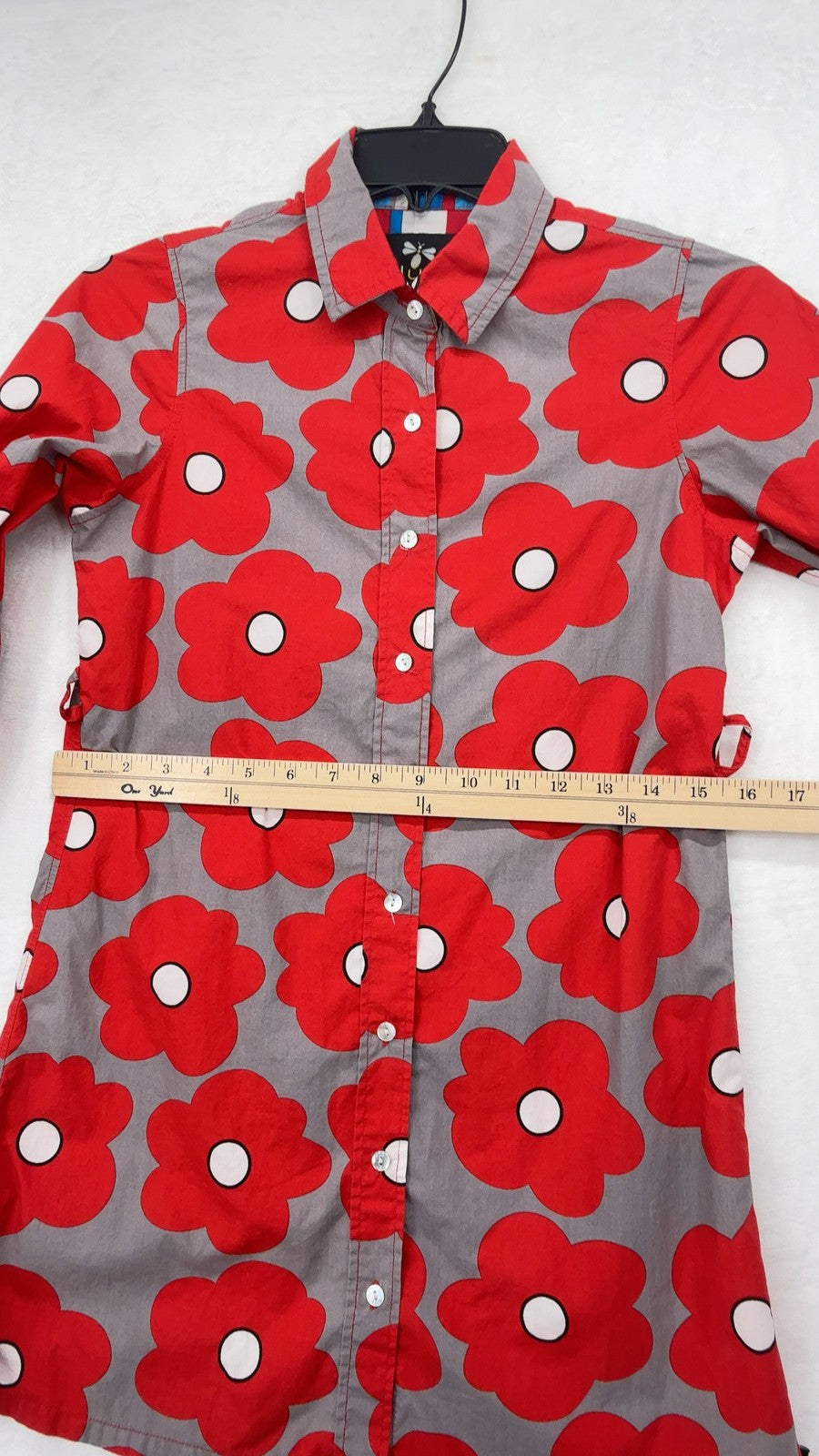 Llum Tunic Top 10 Womens Button Down Shirt Red Floral Poppy Print 100% Cotton