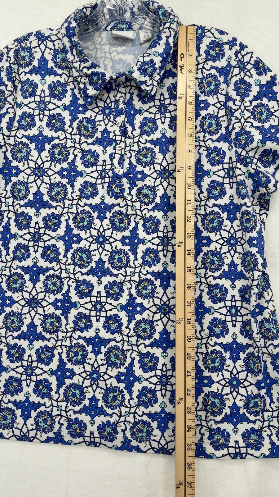 Chicos Weekends Polo Shirt 2 Womens Large Top Short Sleeve Blue Print