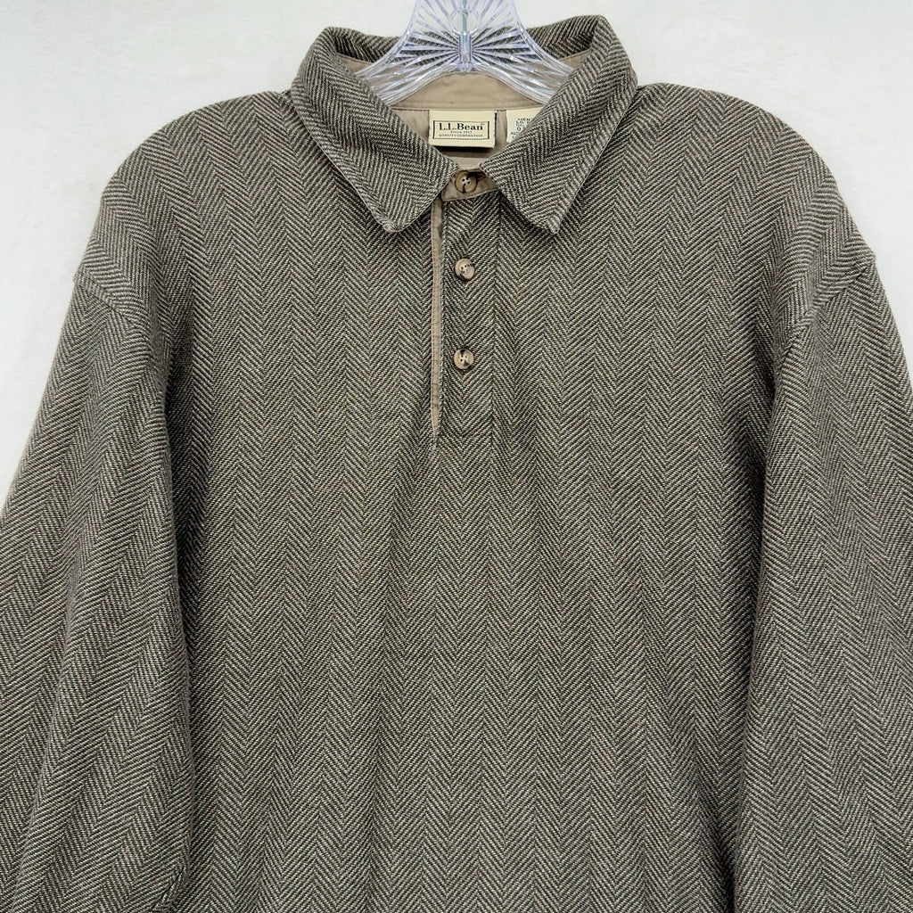 LL Bean Long Sleeve Polo Shirt Large Mens Brown Pullover Herringbone