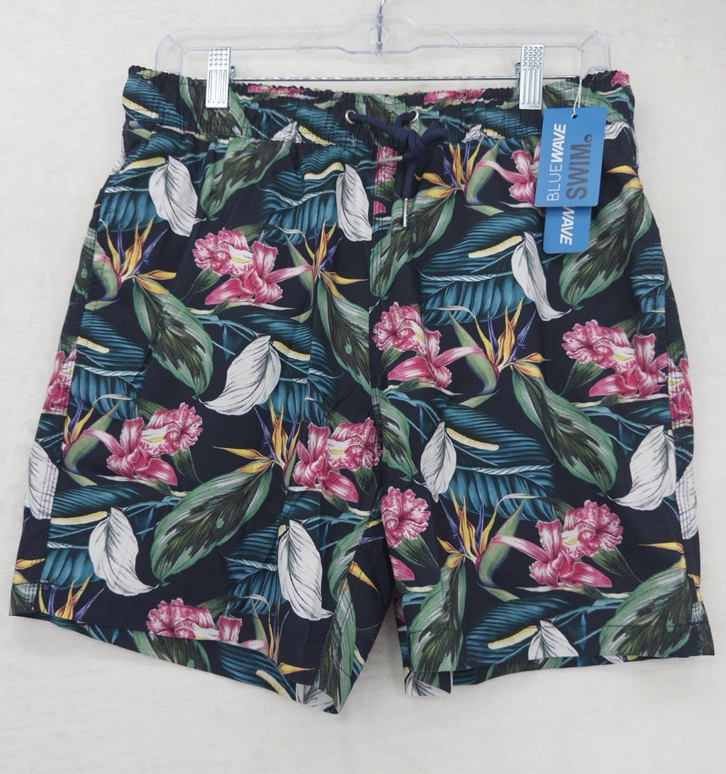 Blue Wave Swim Trunks Medium Mens Black Floral Swimsuit Lined Pockets 6” New