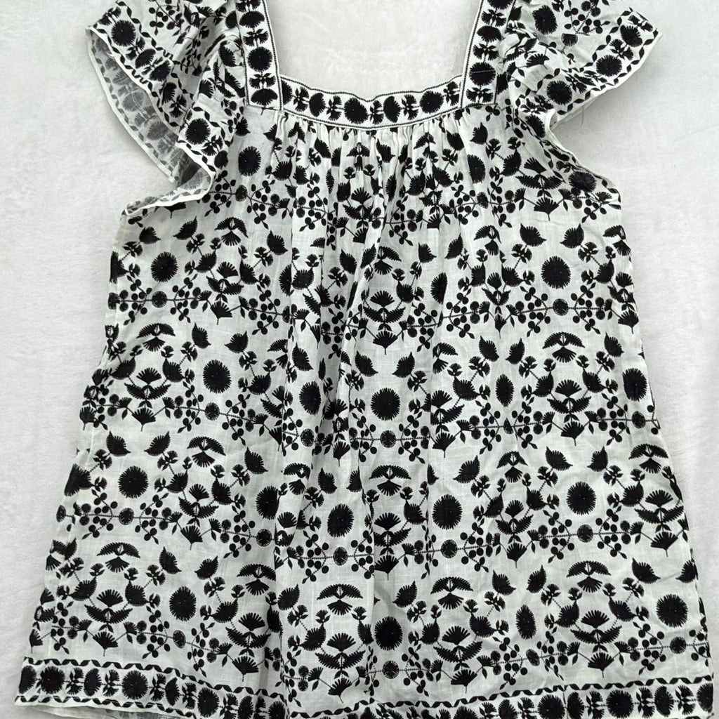 Max Studio London Top XS Flutter Sleeve White Black Floral Embroidered New NWT