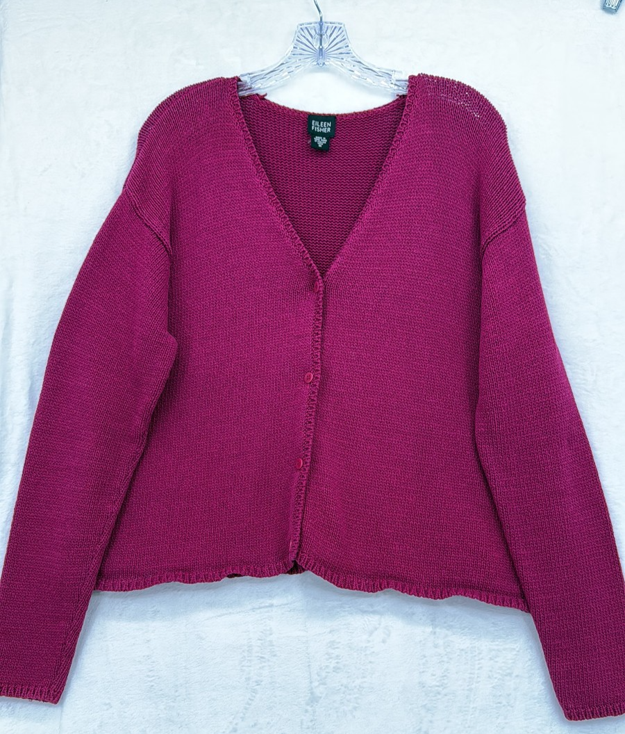 Eileen Fisher Knit Cardigan M Womens Magenta V-neck button-front long sleeve