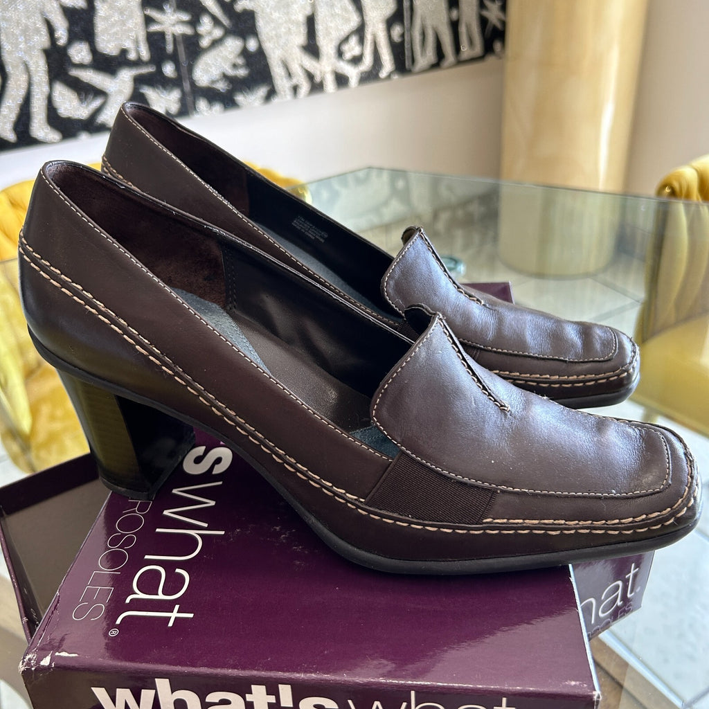 Aerosoles Women's 11 Brown Leather Block Heels Loafers Shoes Square Toe