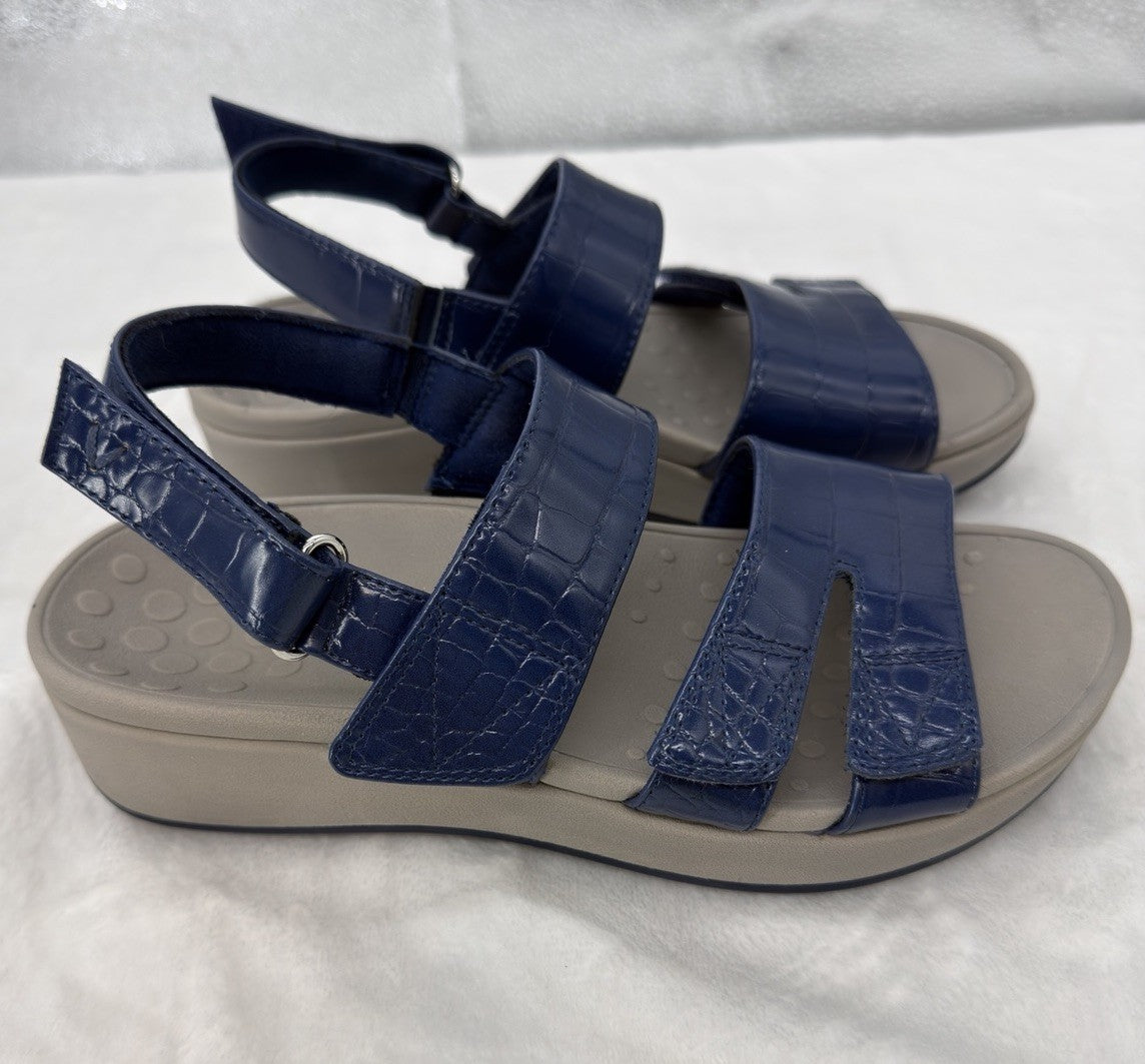 Vionic Womens 7 Roma Backstrap Platform Wedge Sandals Blue Patent Leather Shoes