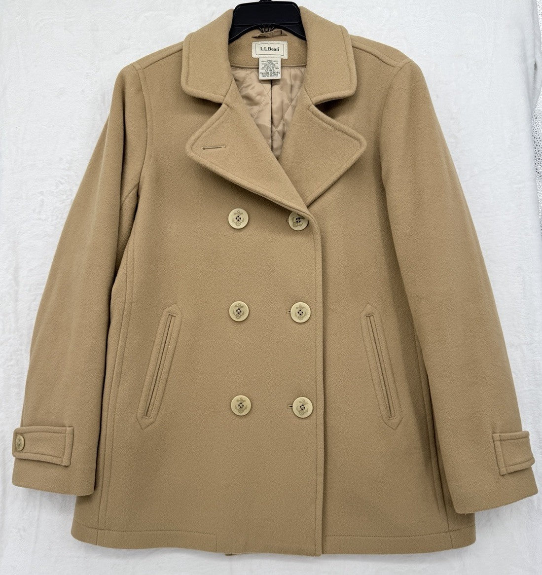 LL Bean Pea Coat Women 12 Classic Lambswool Camel Beige Jacket Wool Insulated