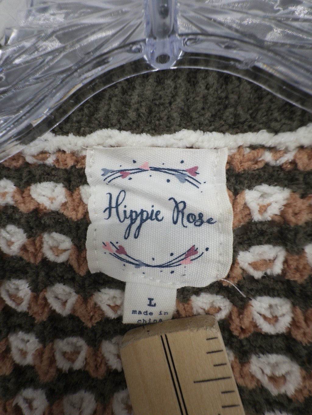 Hippie Rose Sweater Large Crop Long Sleeve V Neck Brown Crochet Pullover Womens