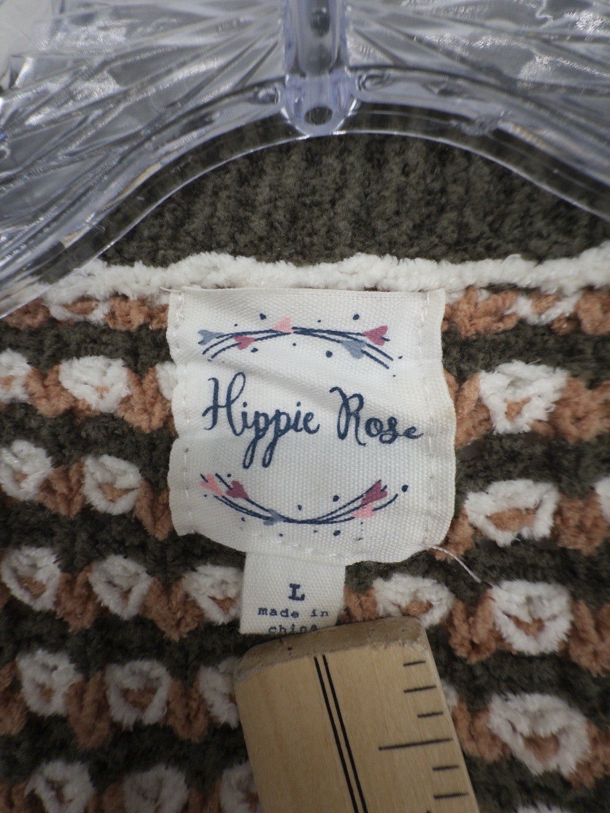 Hippie Rose Sweater Large Crop Long Sleeve V Neck Brown Crochet Pullover Womens