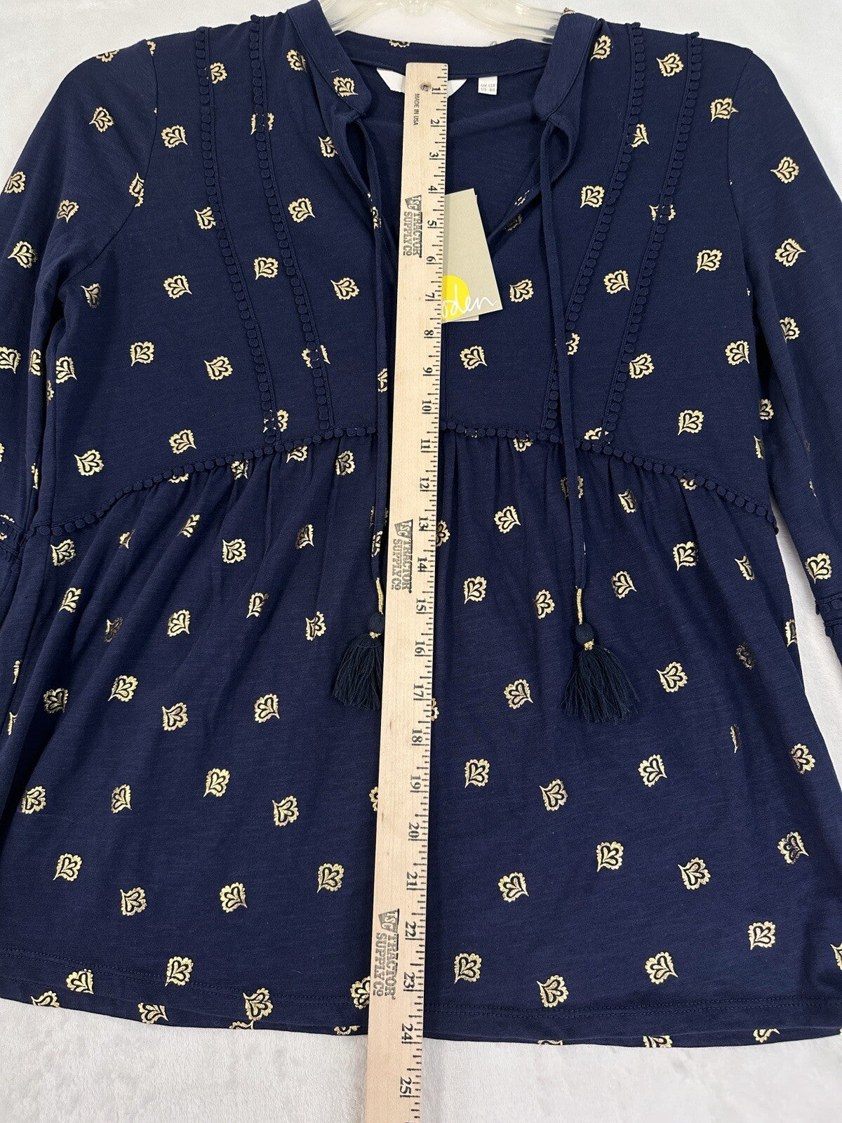 Boden Gemma Top US 8 UK 12 Navy Blue Gold Print  Jersey Knit Blouse Womens NWT