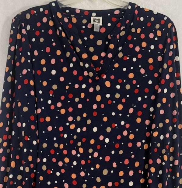 Anne Klein Dress Large Midi Shift Long Sleeve Navy Blue Polka Dot Knit