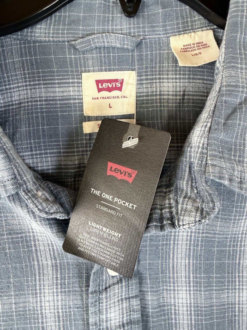 Levis Shirt Large Mens The One Pocket Blue Plaid Linen Blend Short Sleeve New