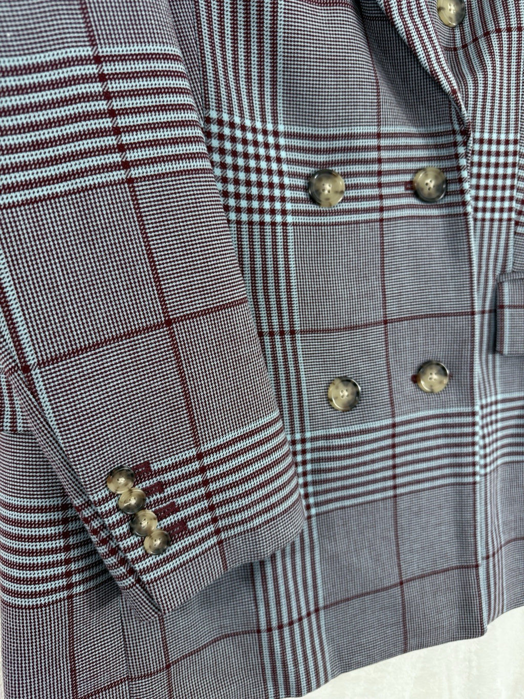 Aritzia Wilfred Blazer 6 Margaux Glen Plaid Jacket Gray Burgundy Double Breasted