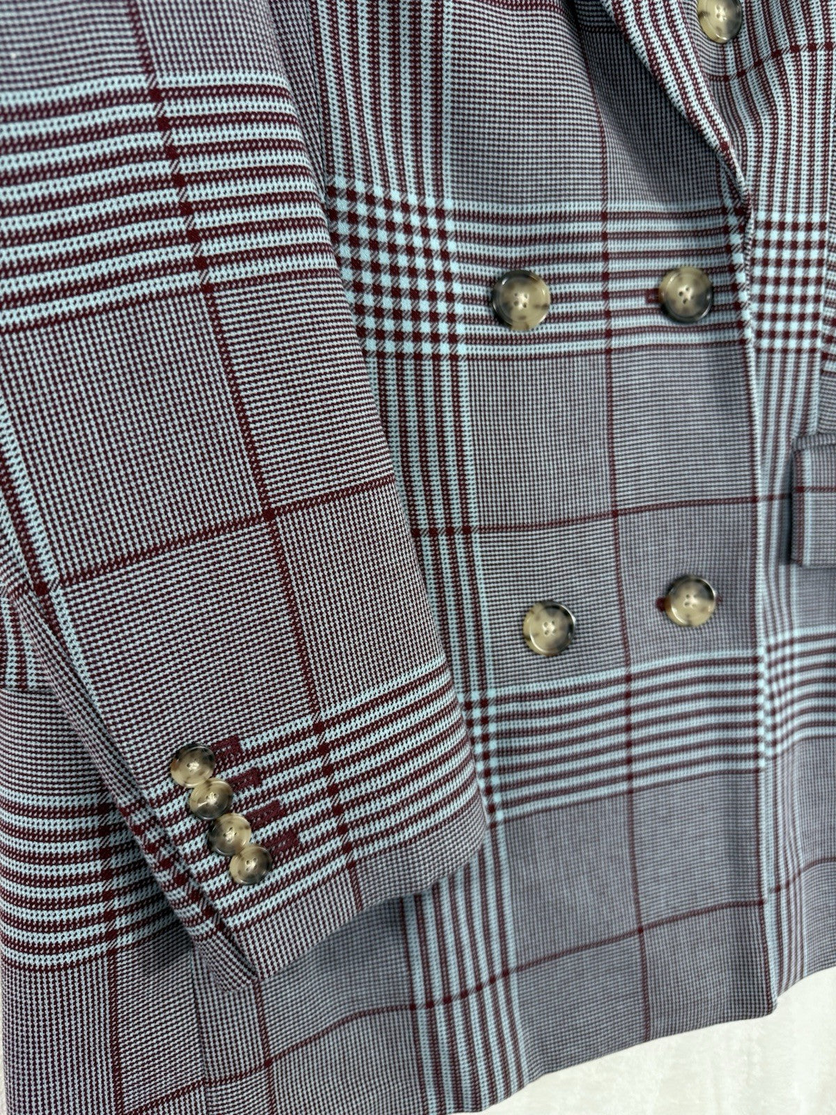 Aritzia Wilfred Blazer 6 Margaux Glen Plaid Jacket Gray Burgundy Double Breasted