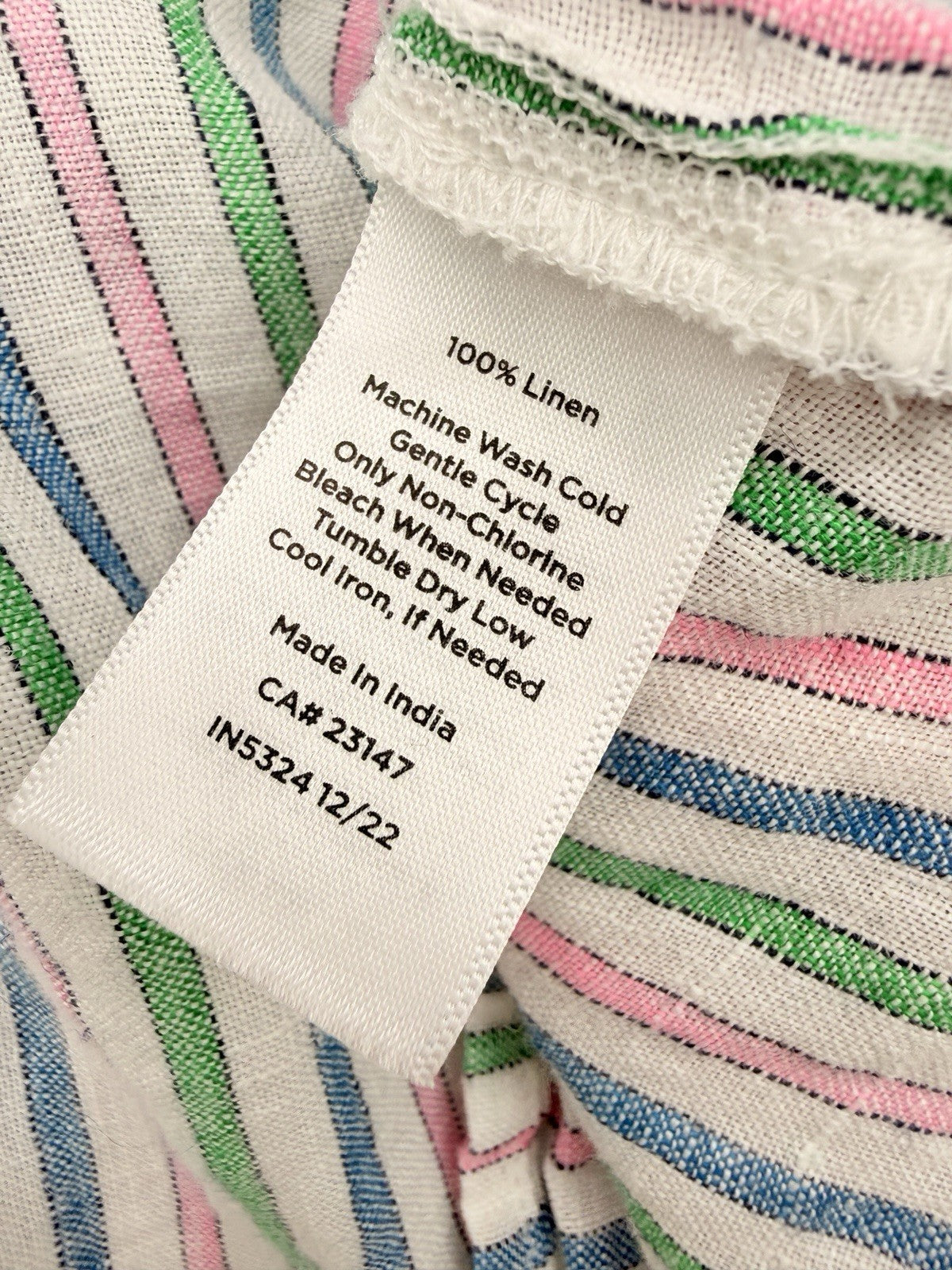 Talbots 100% Linen Top Large Sleeveless Striped Blue Pink Green Womens Blouse