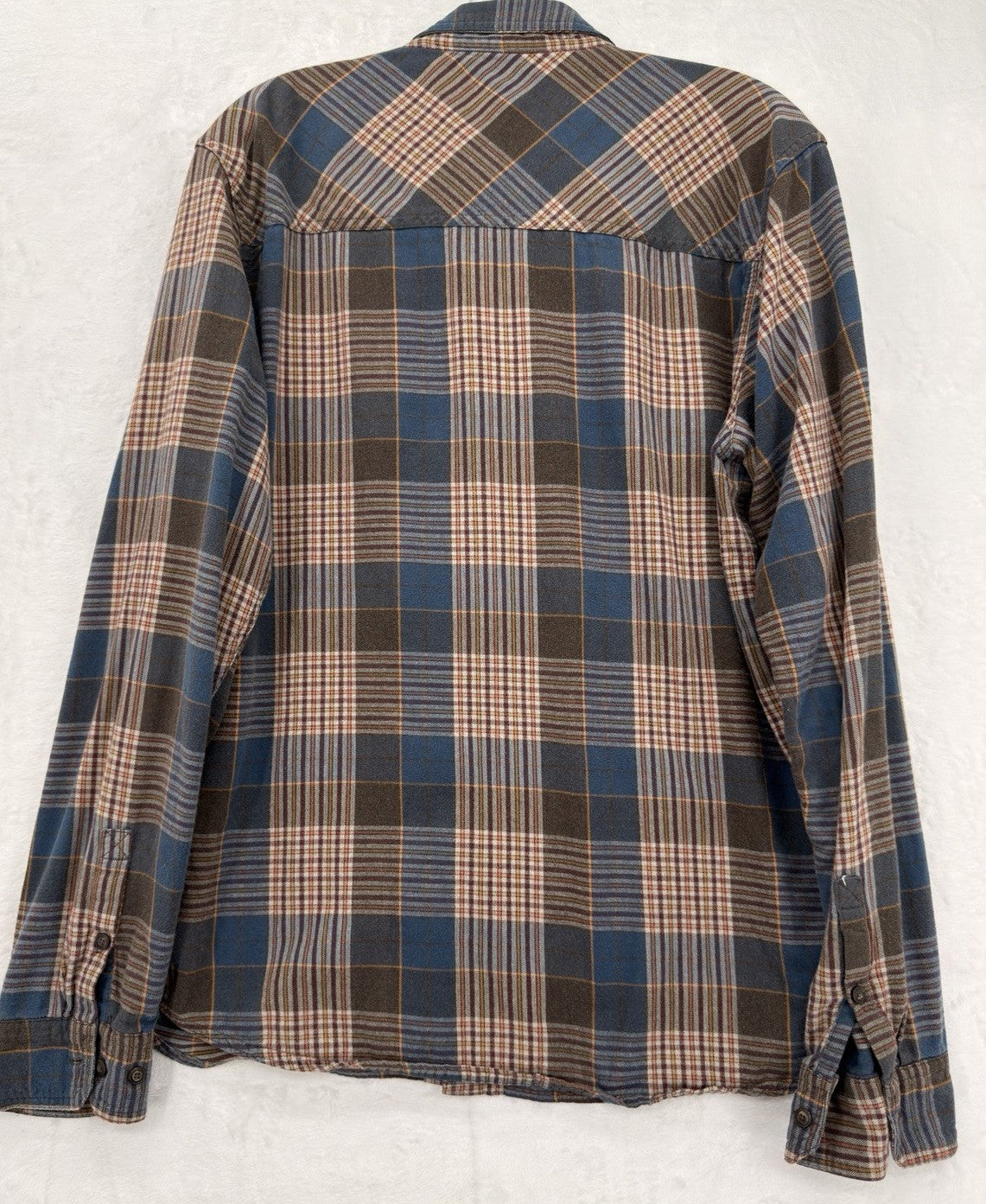 Toad And Co Mens Flannel Shirt Large Brown Blue Plaid Button Up *FlawRead