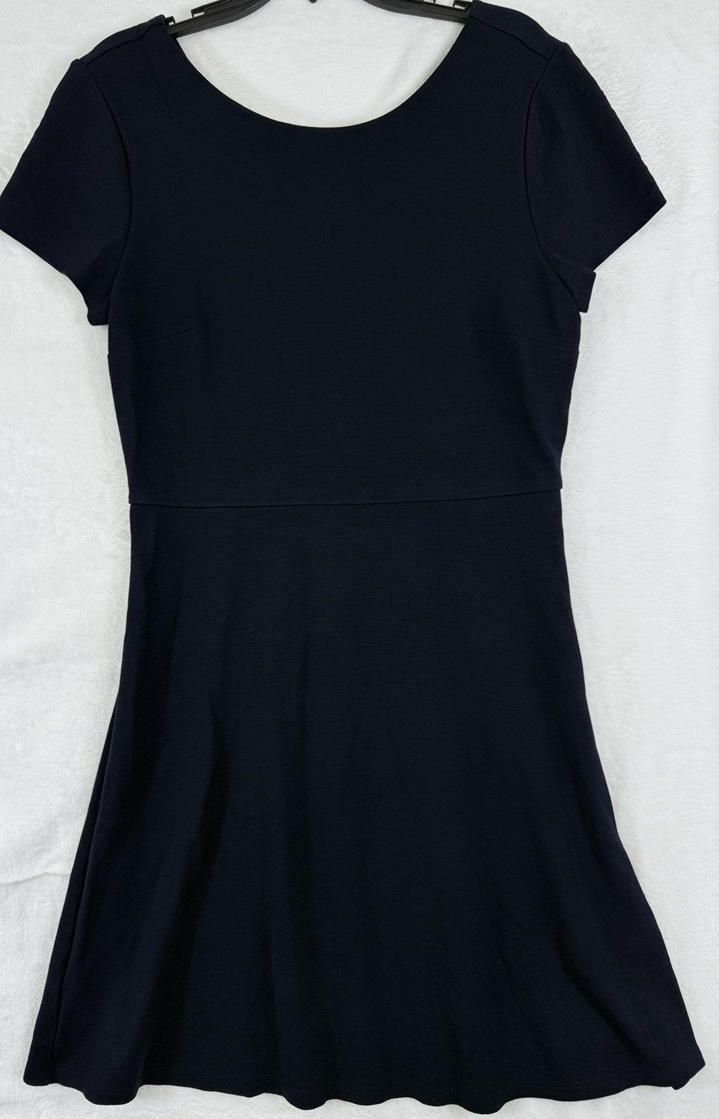 Ann Taylor Loft Dress 14 Navy Blue Ponte Knit Short Sleeve Bow Back Fit Flare