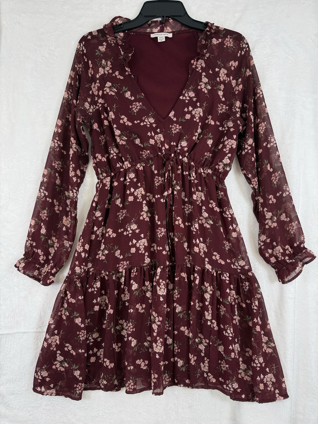 American Eagle Dress Medium Burgundy Floral Short Boho Long Sleeve Women
