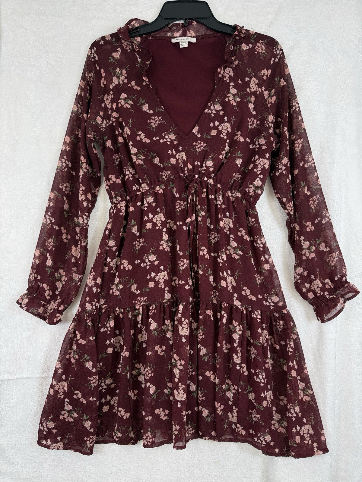American Eagle Dress Medium Burgundy Floral Short Boho Long Sleeve Women