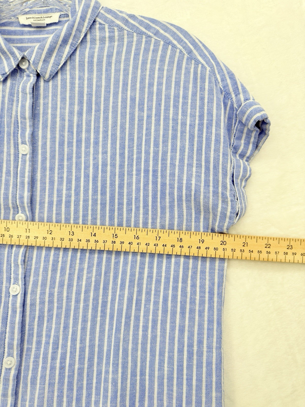 Beach Lunch Lounge Top Small Women Blue Linen Blend Short Sleeve Button Up Shirt