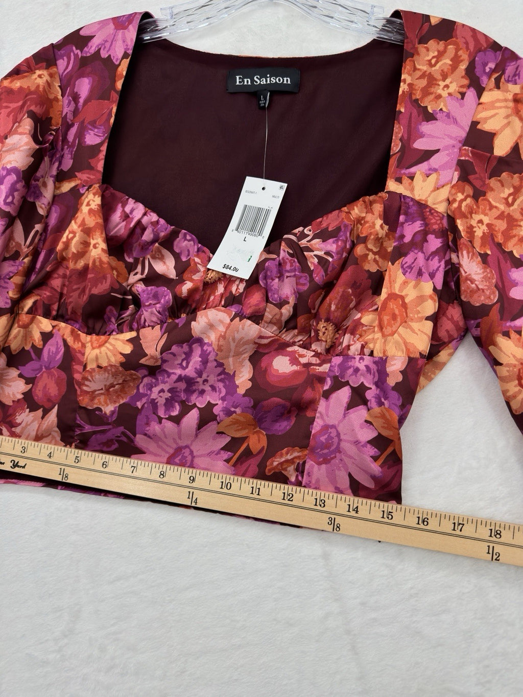 En Saison Crop Top Large Puff Long Sleeve Square Neck Floral New