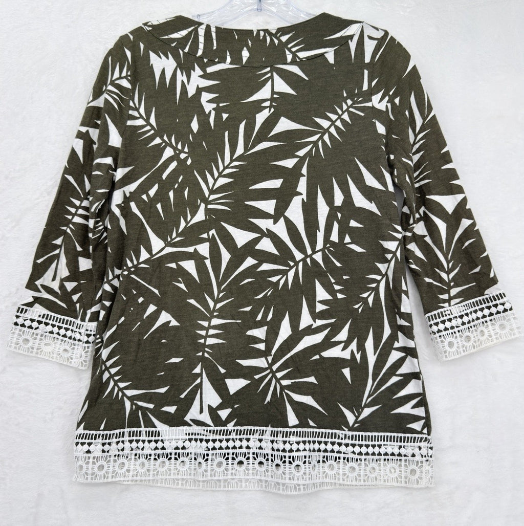 Talbots Top P XS Petite Tunic Tassels Olive Green Floral 3/4 Sleeve Womens