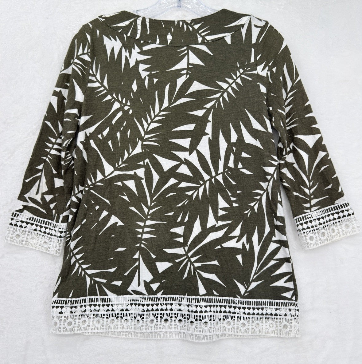 Talbots Top P XS Petite Tunic Tassels Olive Green Floral 3/4 Sleeve Womens