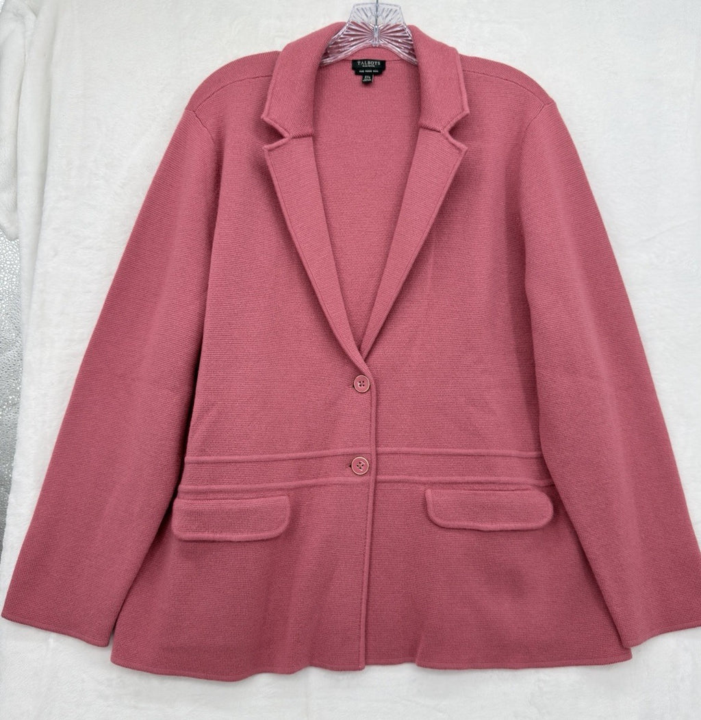 Talbots Sweater Jacket 2X Petite 2XP Pink 100% Merino Wool Blazer Knit Women