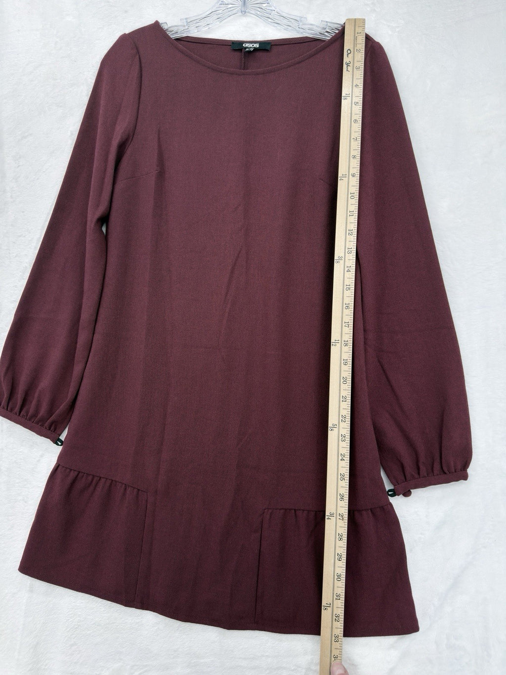 ASOS Mini Dress 4 Burgundy Long Sleeve Shift Drop Waist Womens