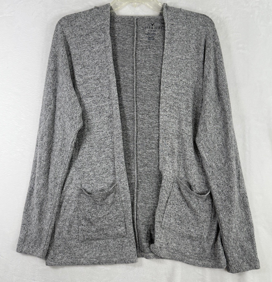 American Eagle Soft Sexy Plush Hooded Cardigan XS Gray Pockets Long Sleeve Women