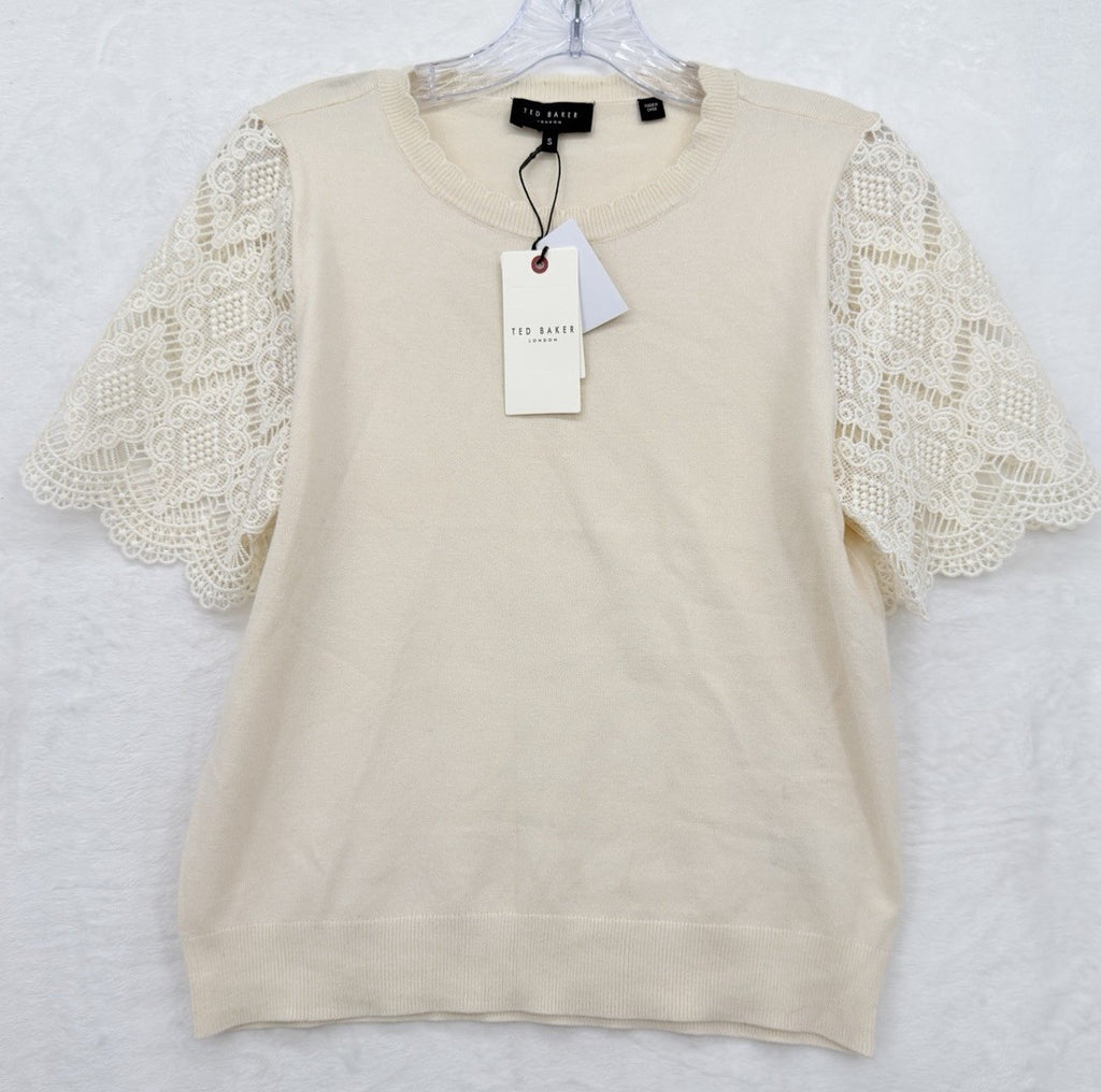 Ted Baker London Sweater Small Women Cream Lace Crochet Sleeve Knit Top $135 New