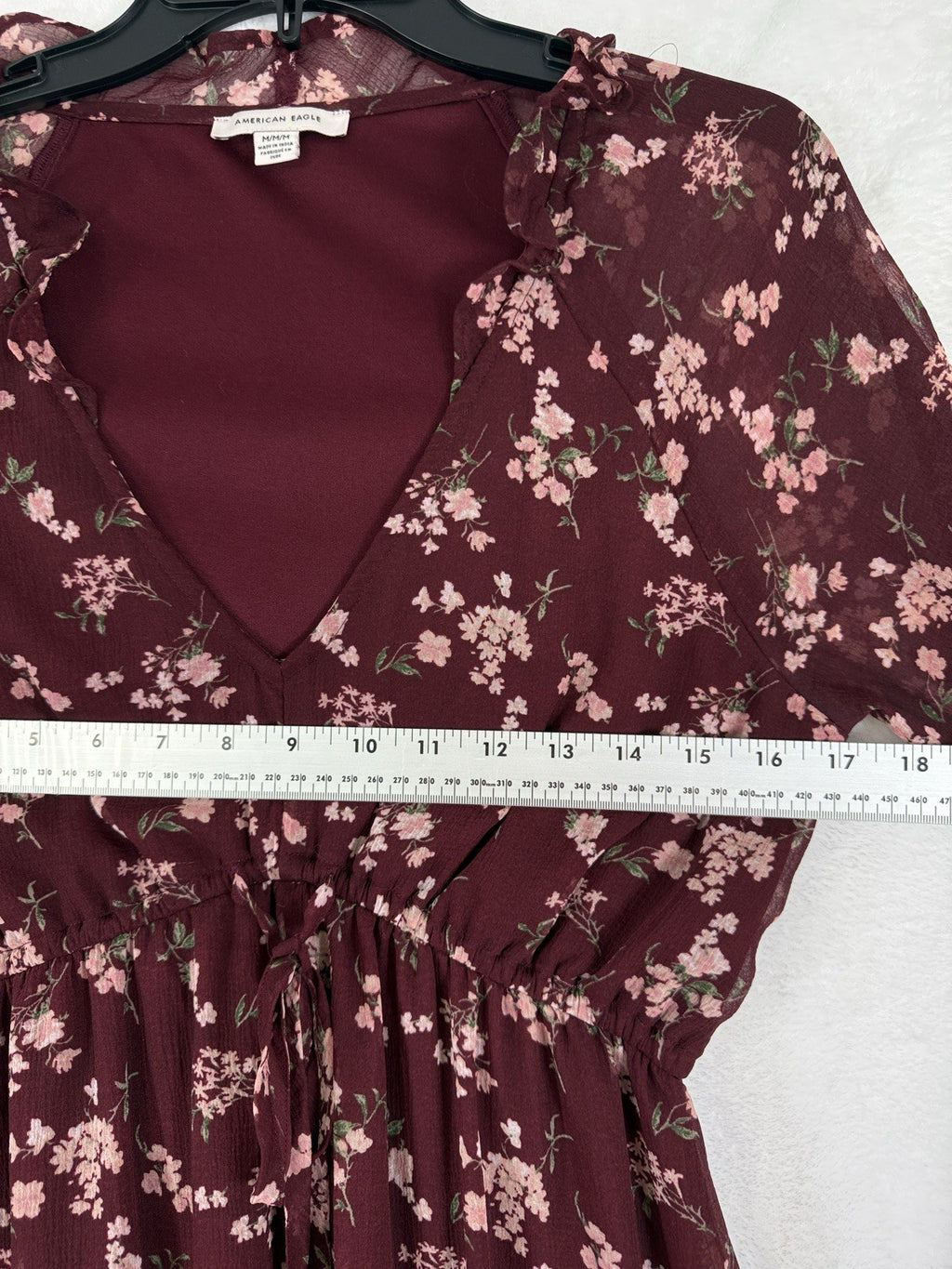 American Eagle Dress Medium Burgundy Floral Short Boho Long Sleeve Women