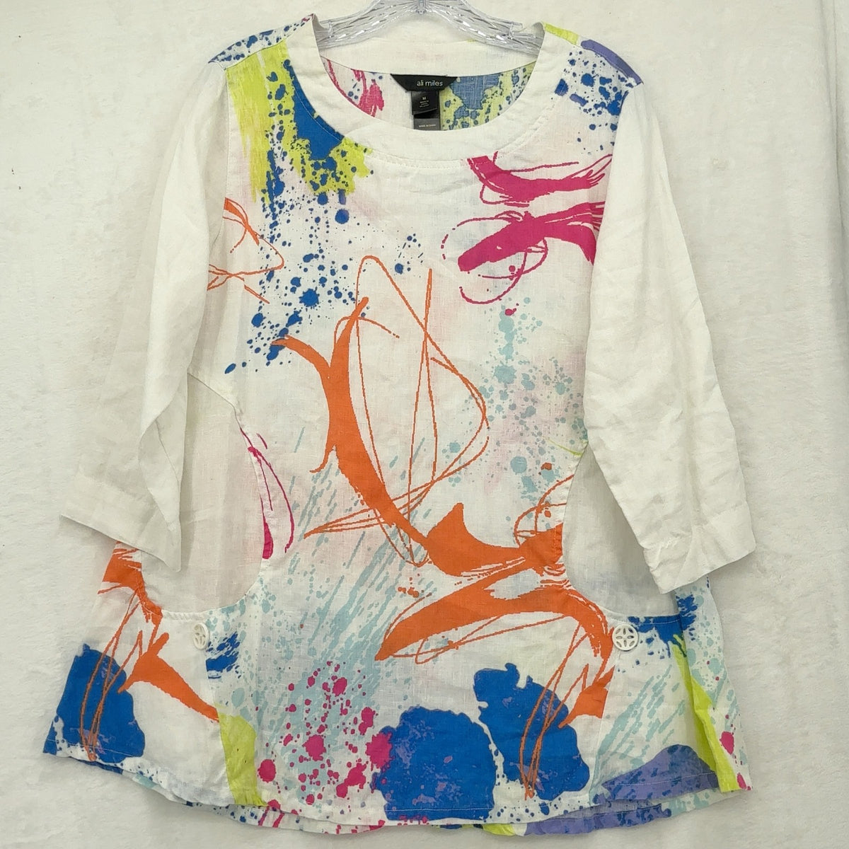 Ali Miles 100% Linen Tunic Top Medium Womens White Wearable Art Hagen Lagenlook