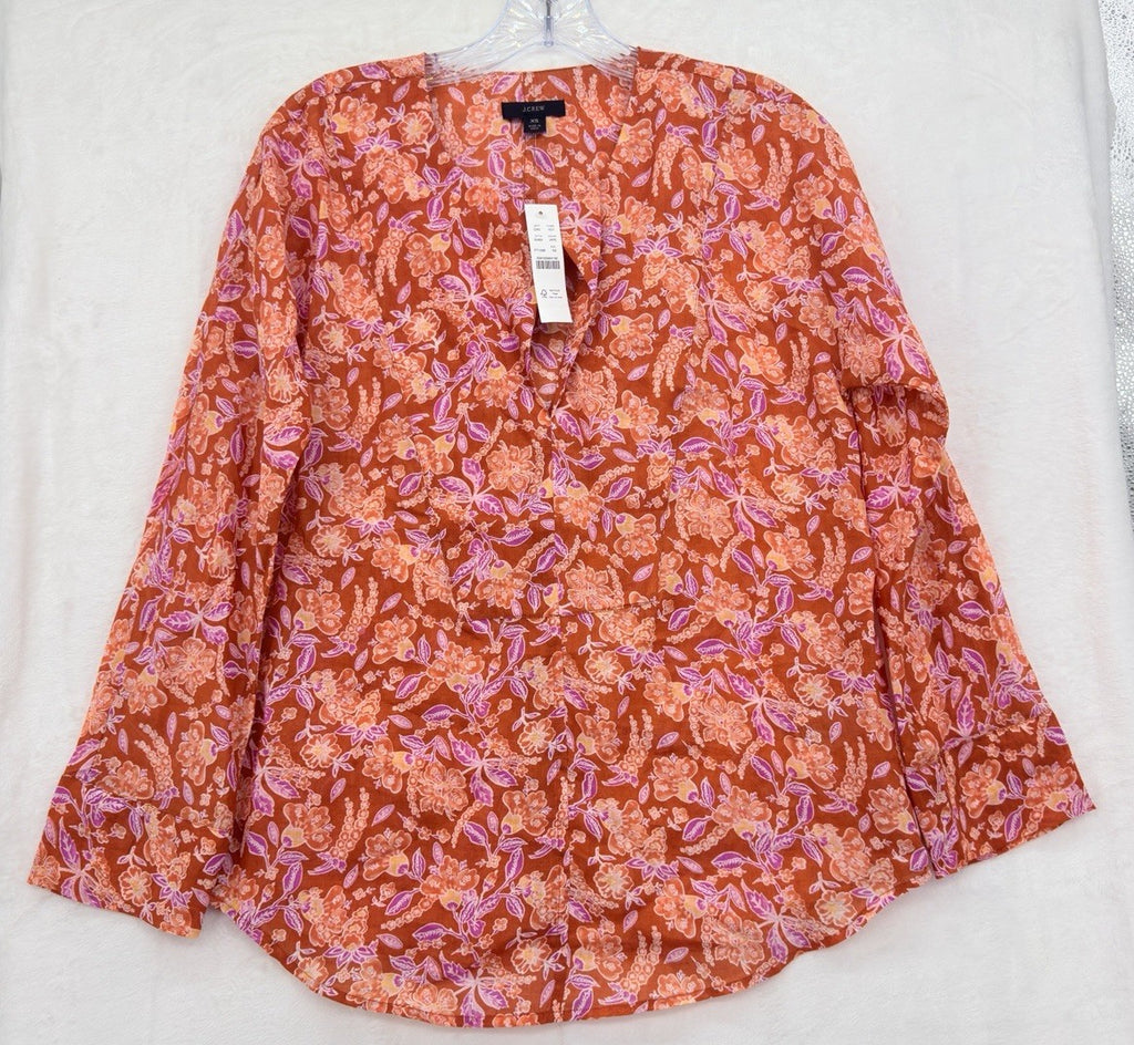J Crew Tunic Top XS Long Sleeve Ramie Block Print Orange Floral Womens New NWT
