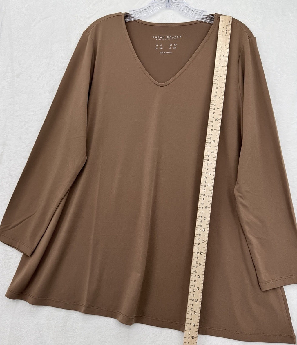 Susan Graver Top Large Petite Liquid Knit Top Womens LP Brown Long Sleeve V Neck