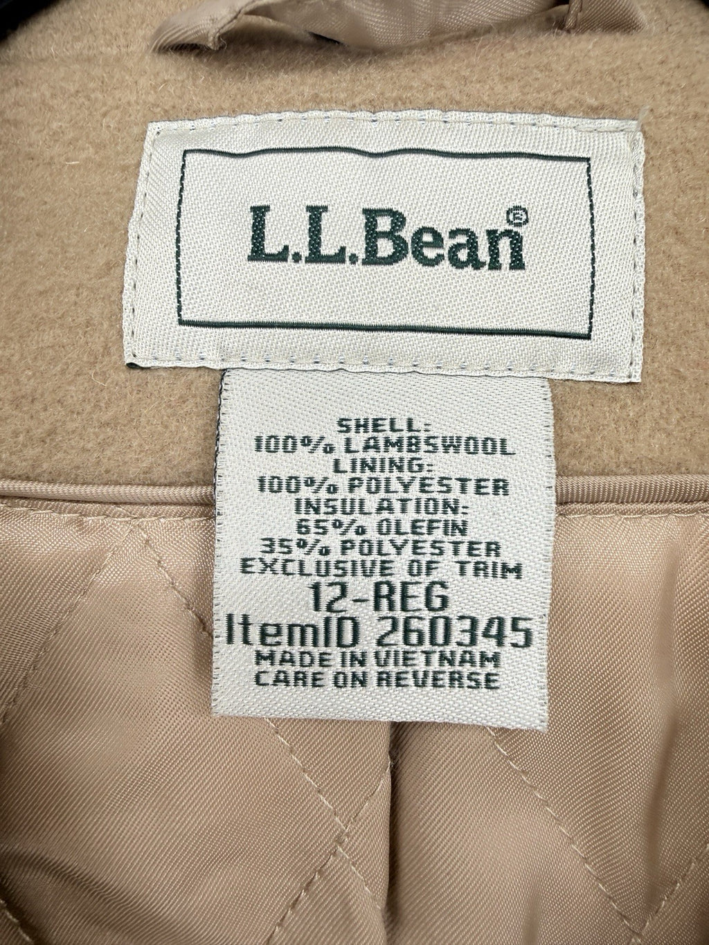 LL Bean Pea Coat Women 12 Classic Lambswool Camel Beige Jacket Wool Insulated