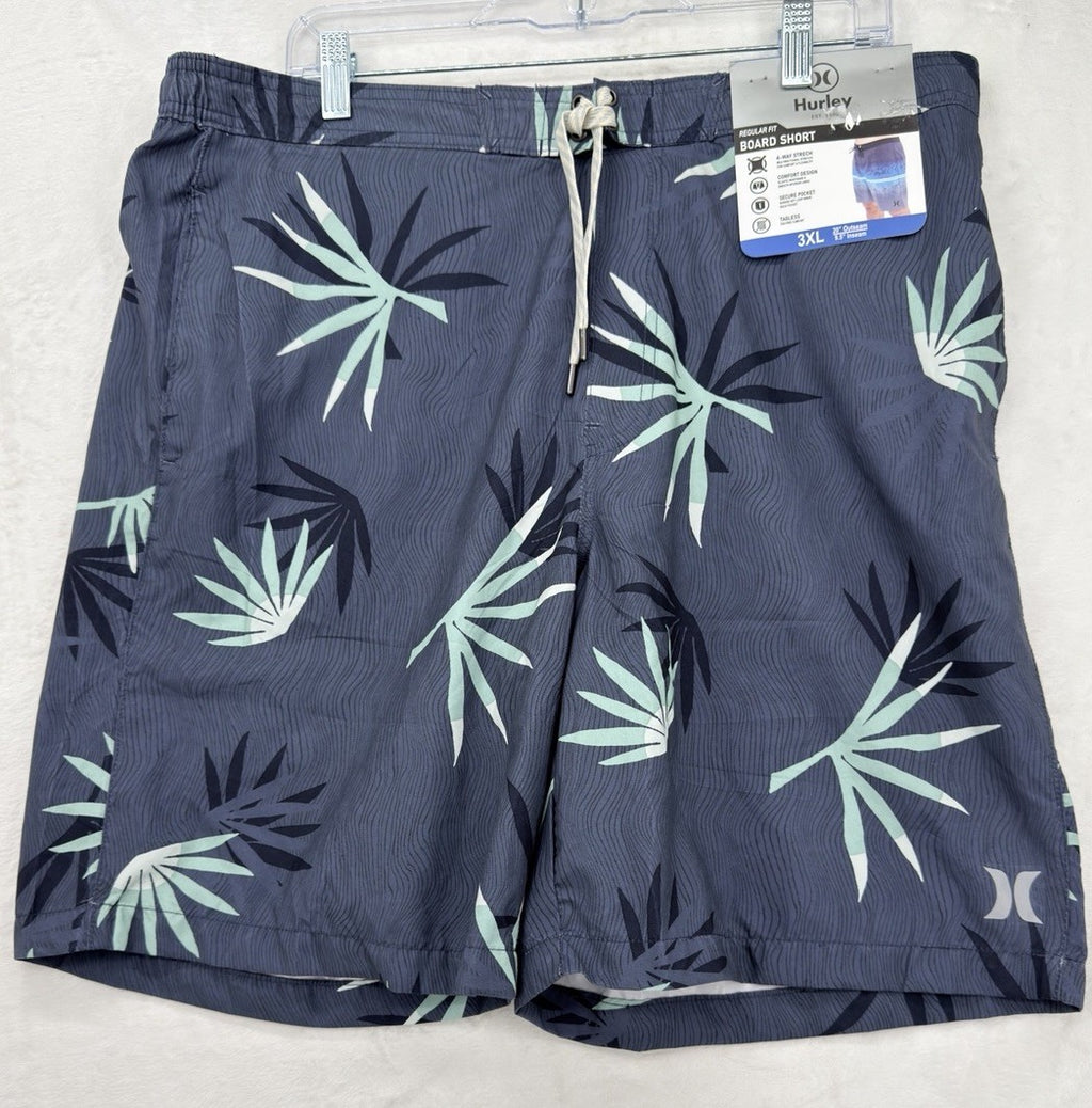 Hurley Board Shorts 3XL Mens Blue Leaf Print Unlined Pockets Swim Trunks 9” NWT