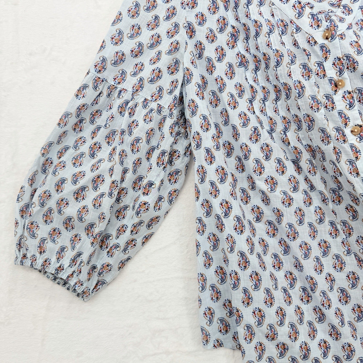 J Jill Top Large Blue Floral Madeira Pintuck Blouse 100% Cotton 3/4 Sleeve Women