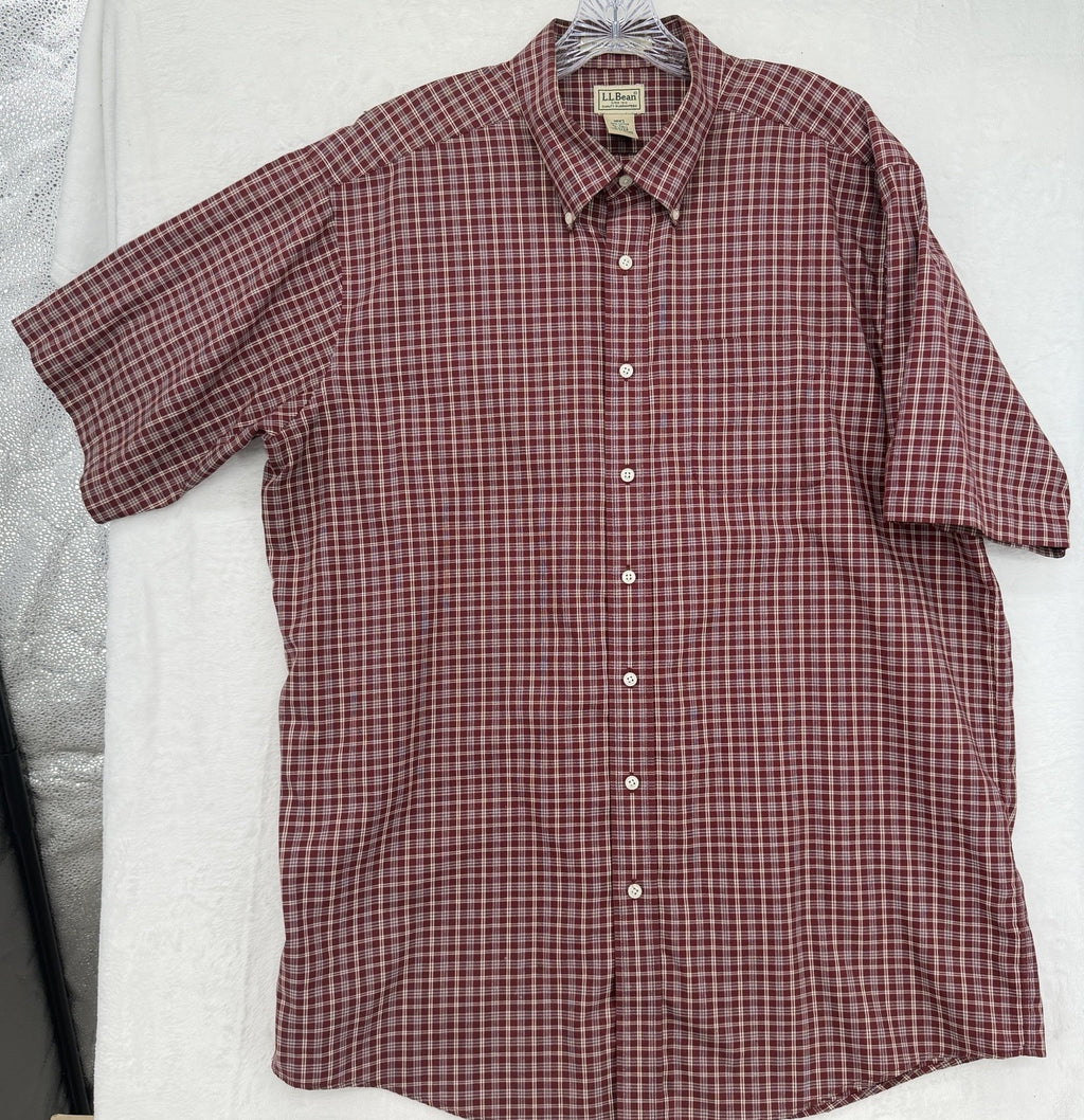 LL Bean Shirt Men XL Tall Short Sleeve Button Down Burgundy Plaid 100% Cotton