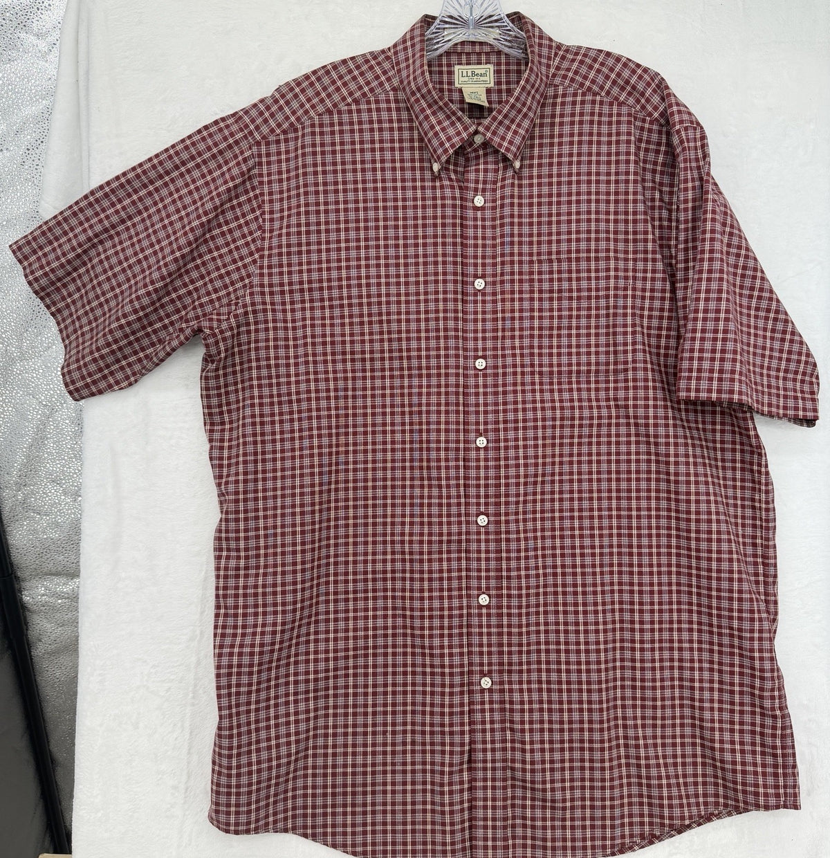 LL Bean Shirt Men XL Tall Short Sleeve Button Down Burgundy Plaid 100% Cotton
