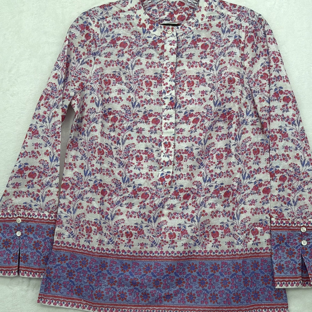 J Crew Top XXS Iris Block Print Popover Tunic Long Sleeve Floral Print Cotton