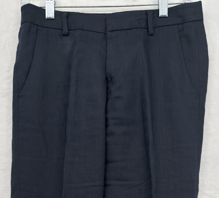 Uniqlo 100% Linen Pants Womens 2 Cropped Navy Blue Tapered Mid Rise Minimalist