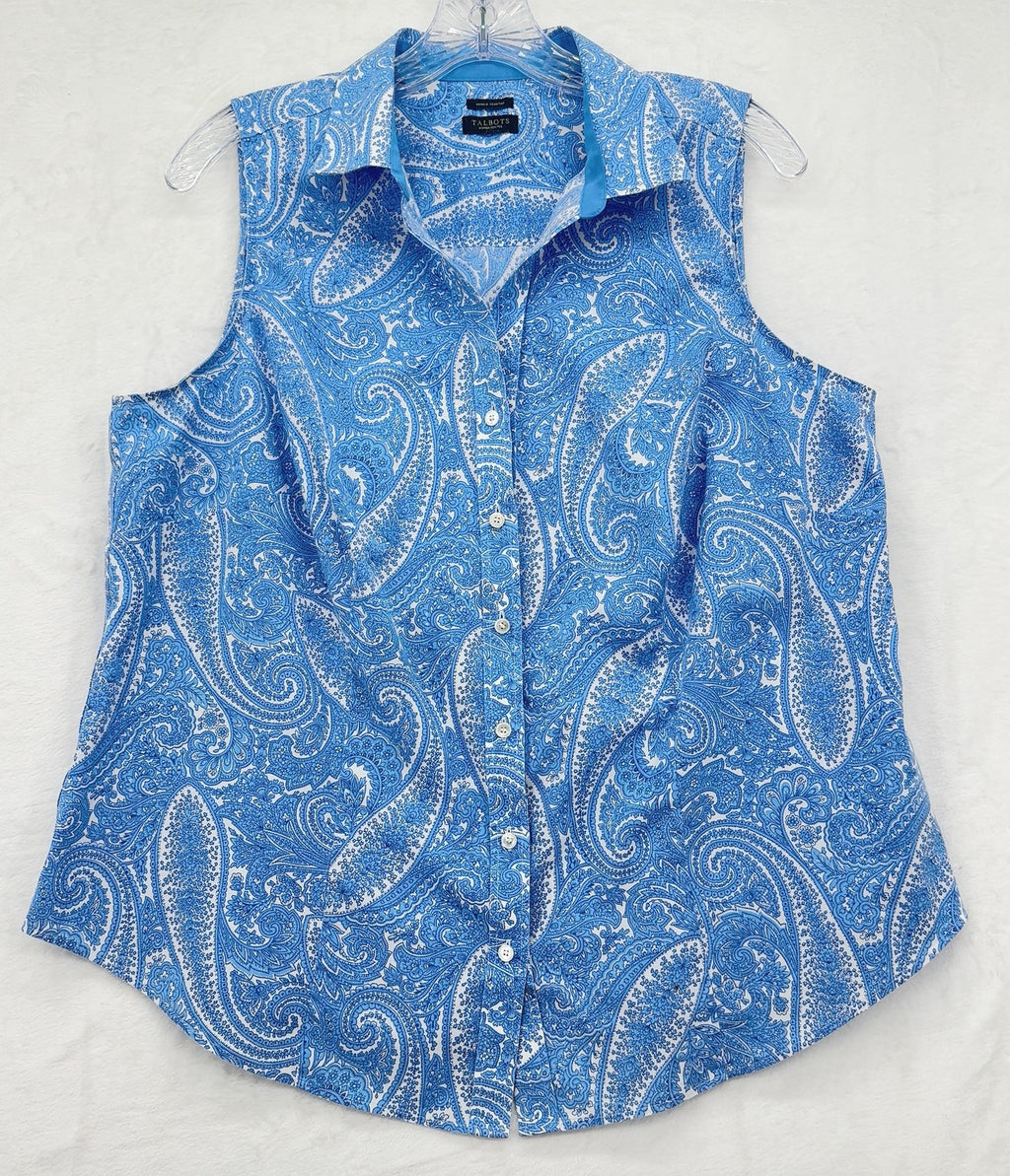 Talbots Top XL Sleeveless Button Up Blouse Womens Blue Paisley Wrinkle resistant