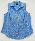 Talbots Top XL Sleeveless Button Up Blouse Womens Blue Paisley Wrinkle resistant