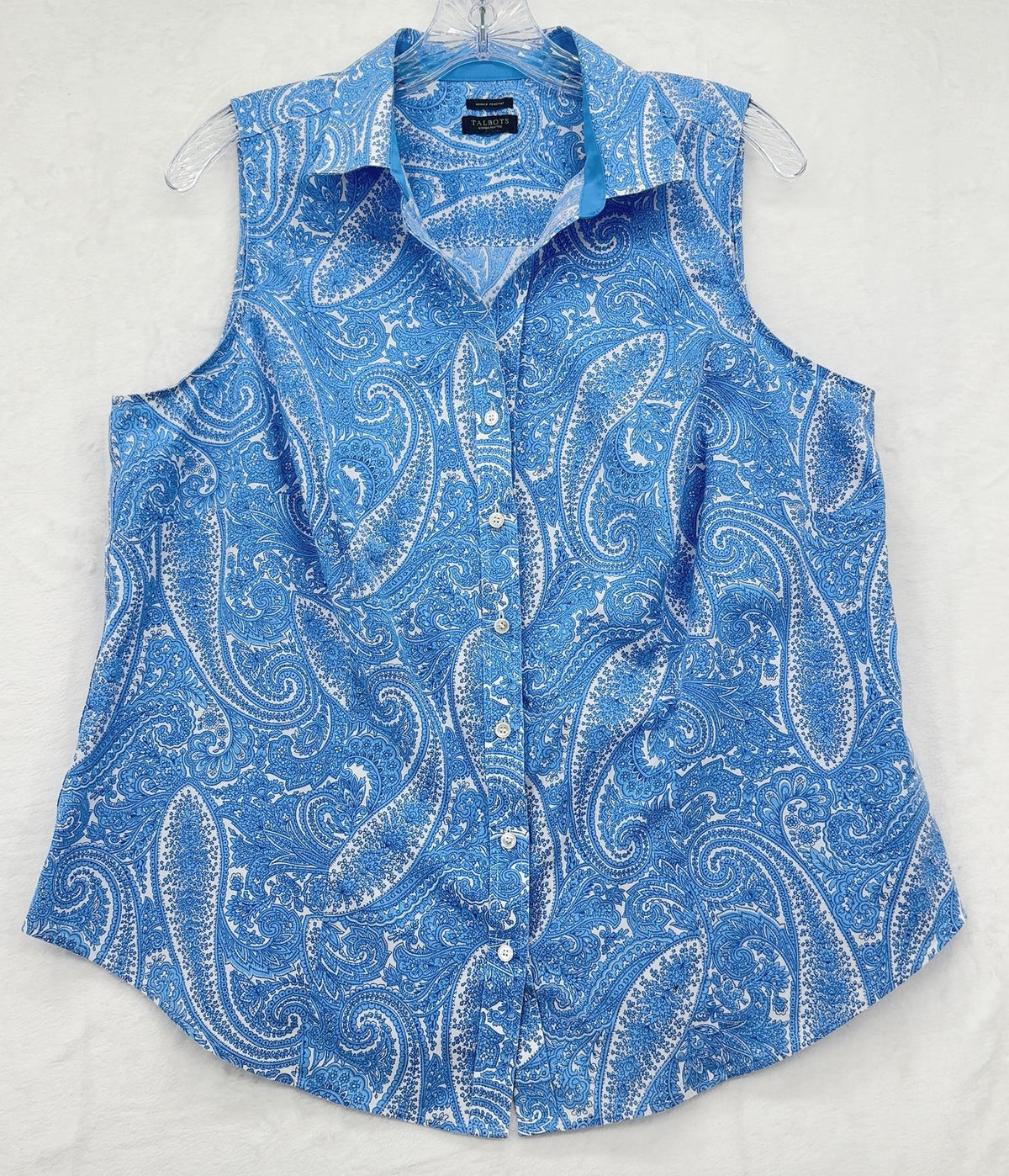 Talbots Top XL Sleeveless Button Up Blouse Womens Blue Paisley Wrinkle resistant