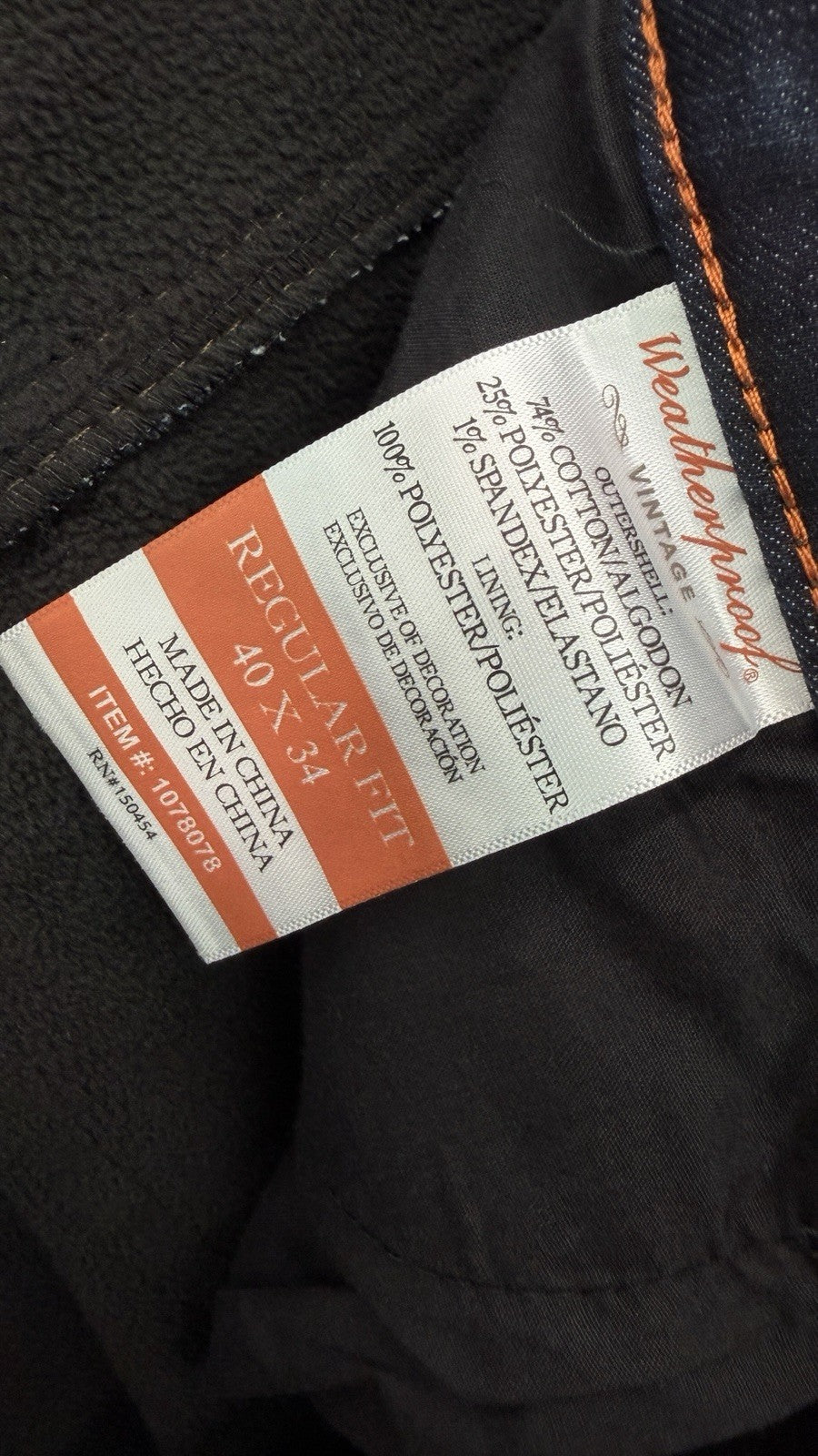 Weatherproof Vintage Fleece Lined Jeans 40x34 Men’s Dark Blue Straight Leg New
