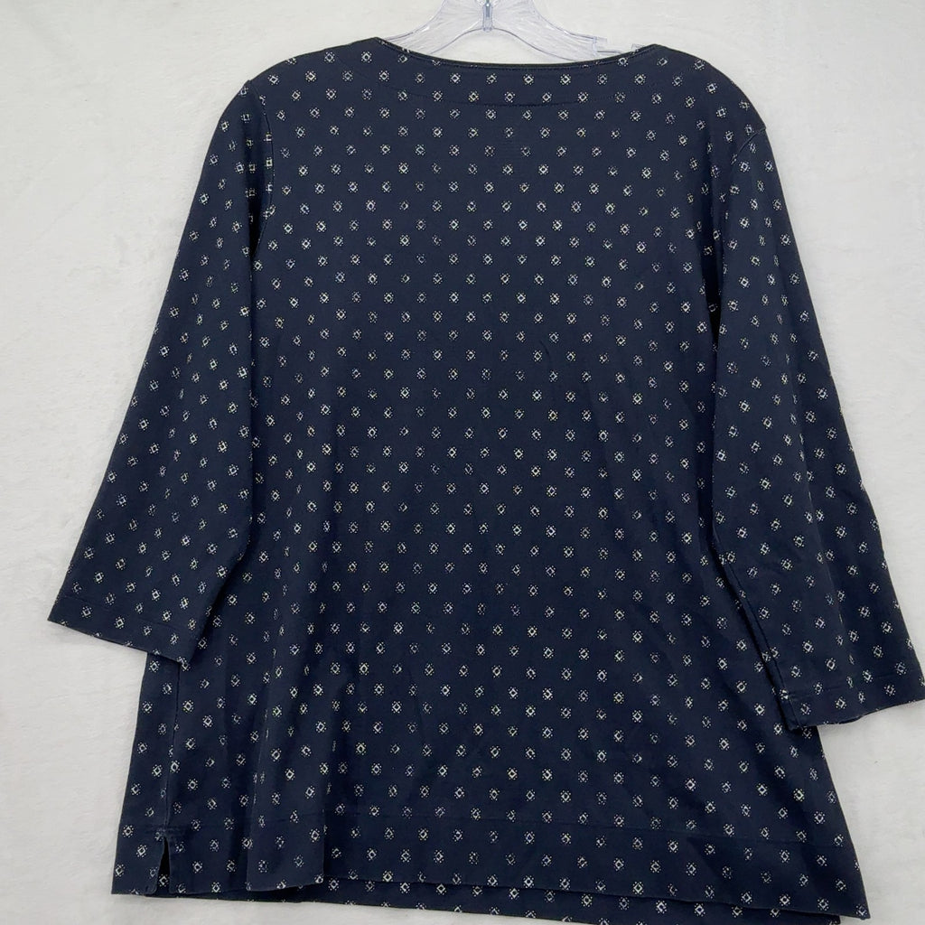 L.L.Bean Split Neck Tunic Top Large Womens Navy Supima Cotton 3/4 Sleeve Knit