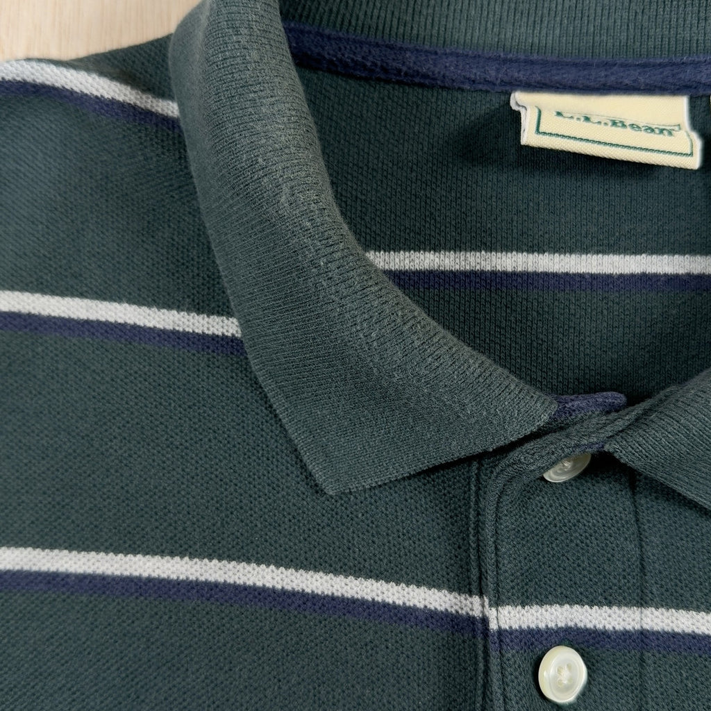 L.L.Bean VINTAGE Long Sleeve Polo Shirt L Mens green Striped Knit 3 Button