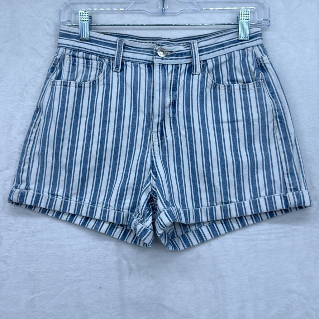 American Eagle Jean Shorts 0 Women Blue White Striped Denim Cuffed 100% Cotton
