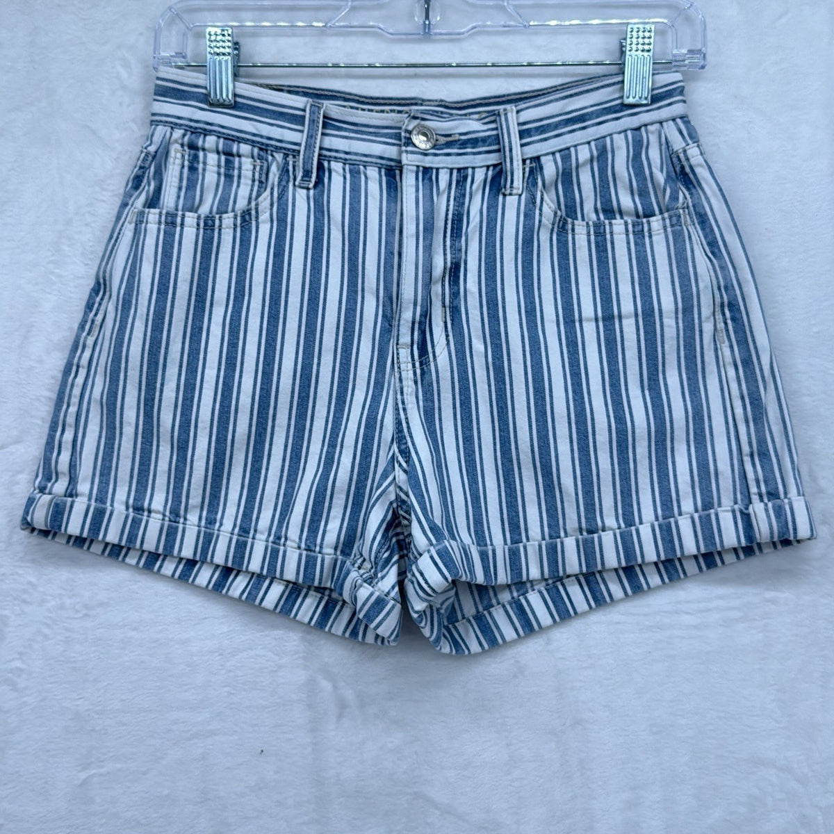 American Eagle Jean Shorts 0 Women Blue White Striped Denim Cuffed 100% Cotton
